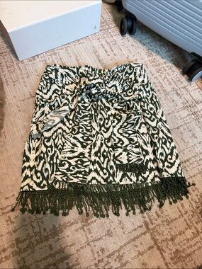 Zara Green and White Printed Mini Skirt with Fringe